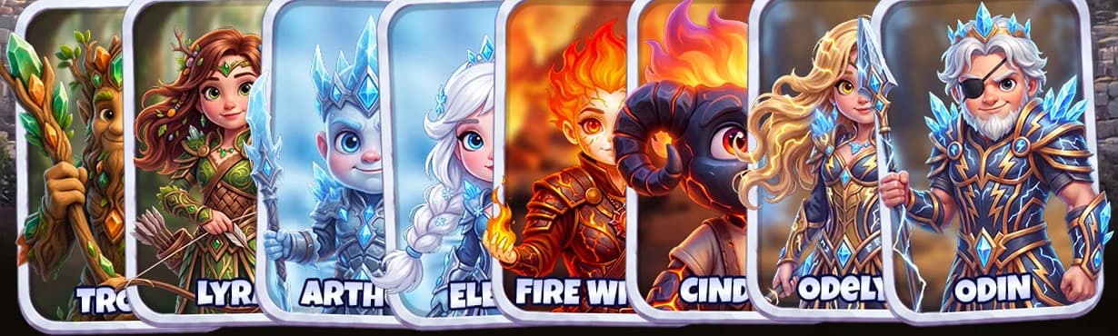Troll, Lyra, Arthur, Elsa, Fire Wizard, Cinder, Odelya ve Odin avatar kartları