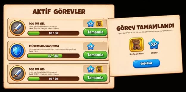 Aktif görevler ve görev tamamlandı ekranı